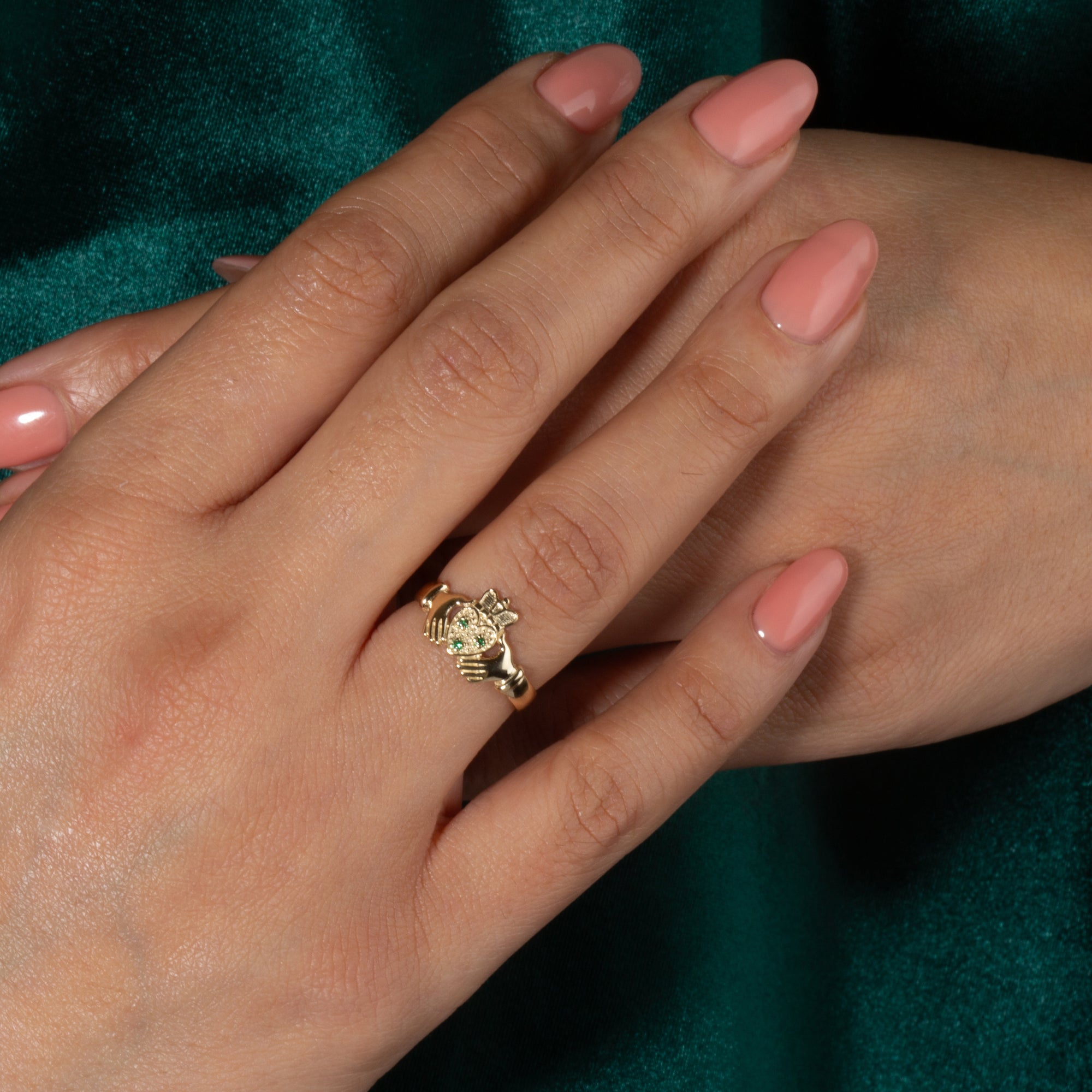 Yellow Gold Claddagh Heart Crown Emerald Birthstone Ring, view 2