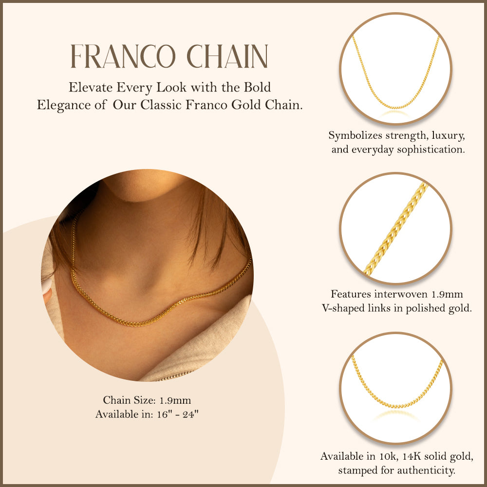 Yellow Gold Classic 1.9 mm Franco Gold Chain, view 3