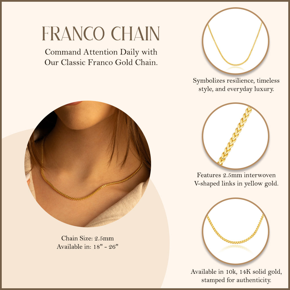 Yellow Gold Classic 2.5 mm Franco Gold Chain, view 3