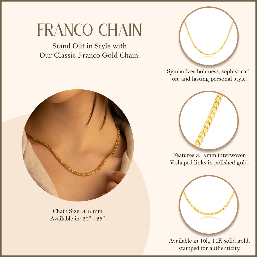 Yellow Gold Classic 3.15 mm Franco Gold Chain, view 3