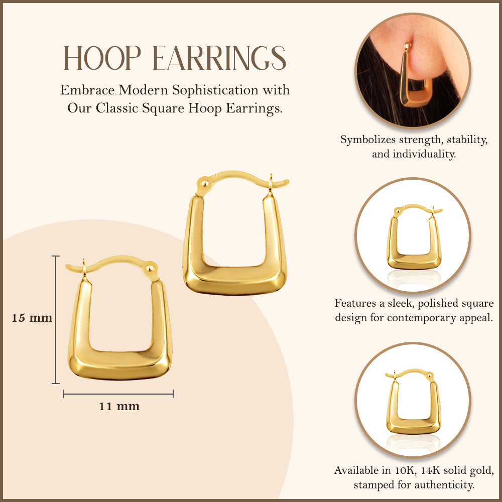 Yellow Gold Classic Square Hoop Earrings, view 3