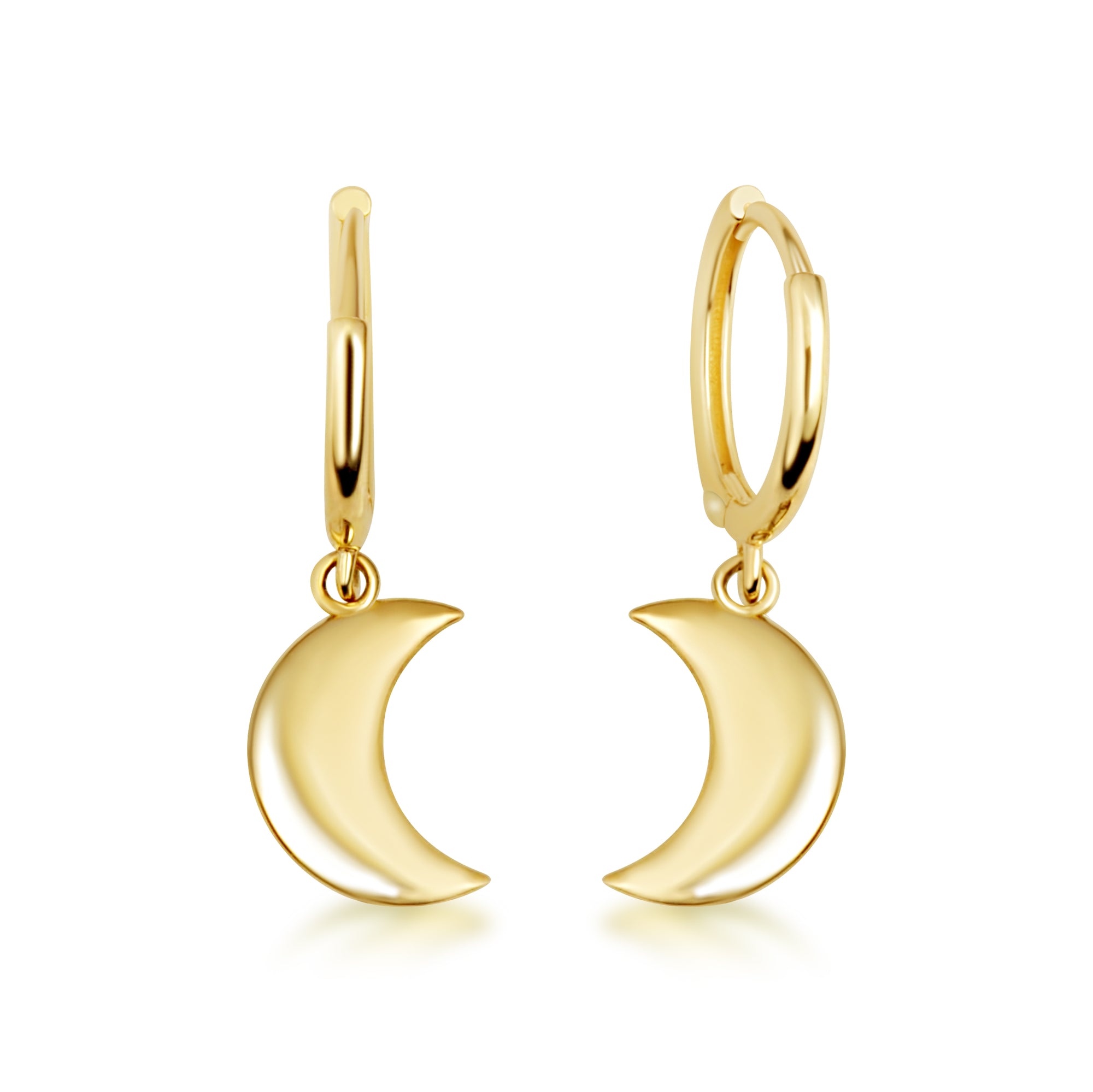 Yellow Gold Crescent Moon Drop Huggie Hoop Earrings