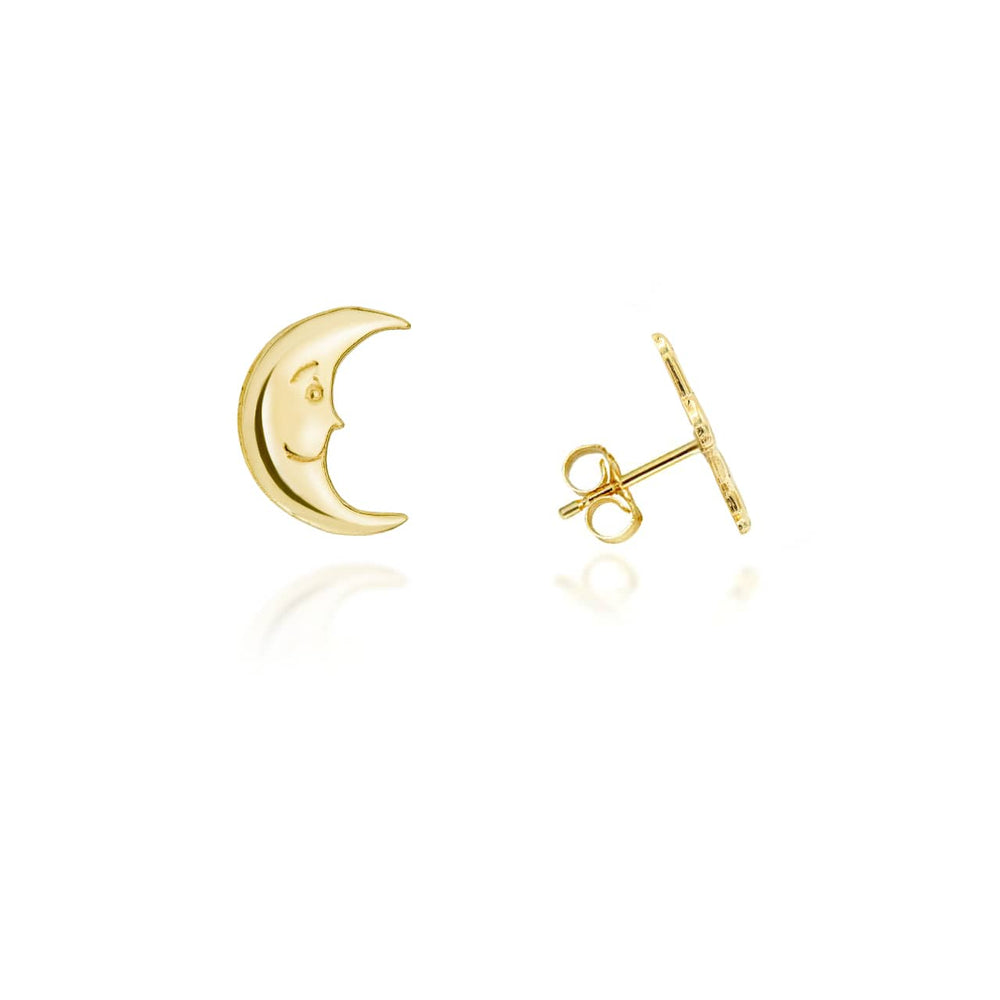 Yellow Gold Crescent Moon Face Stud Earrings