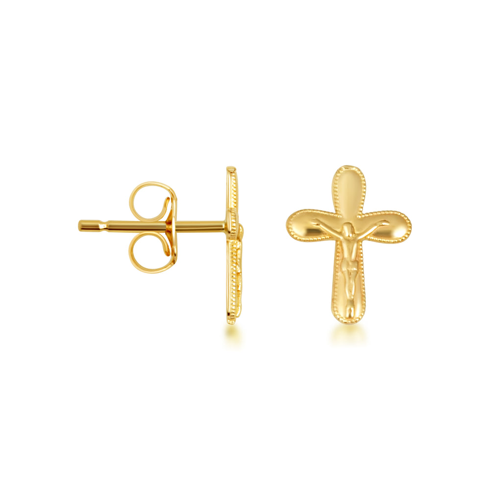 Yellow Gold Cross Crucifix Jesus Christ Milgrain Stud Earrings