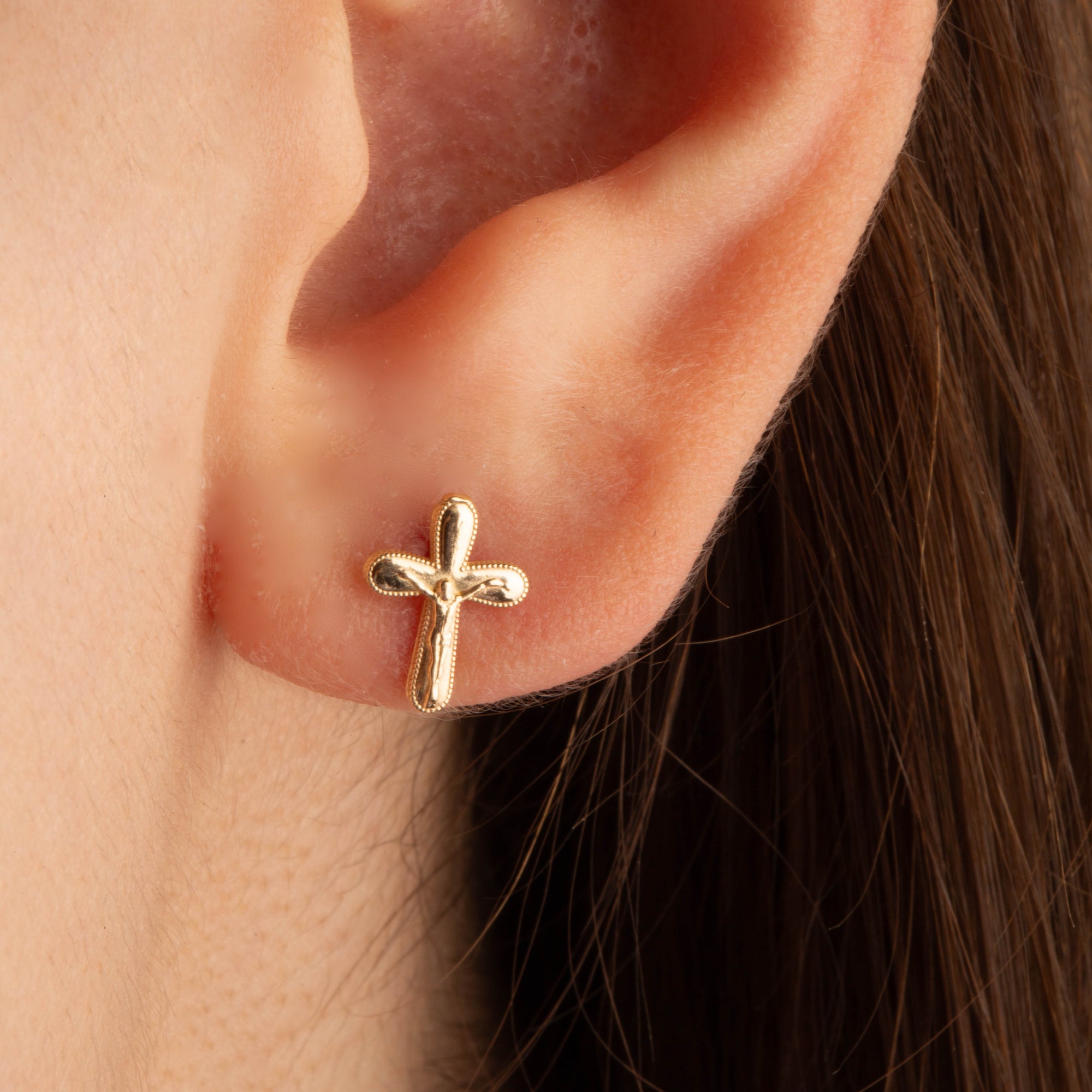 Yellow Gold Cross Crucifix Jesus Christ Milgrain Stud Earrings, view 2