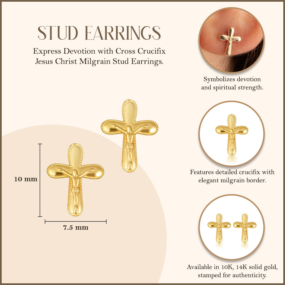 Yellow Gold Cross Crucifix Jesus Christ Milgrain Stud Earrings, view 3