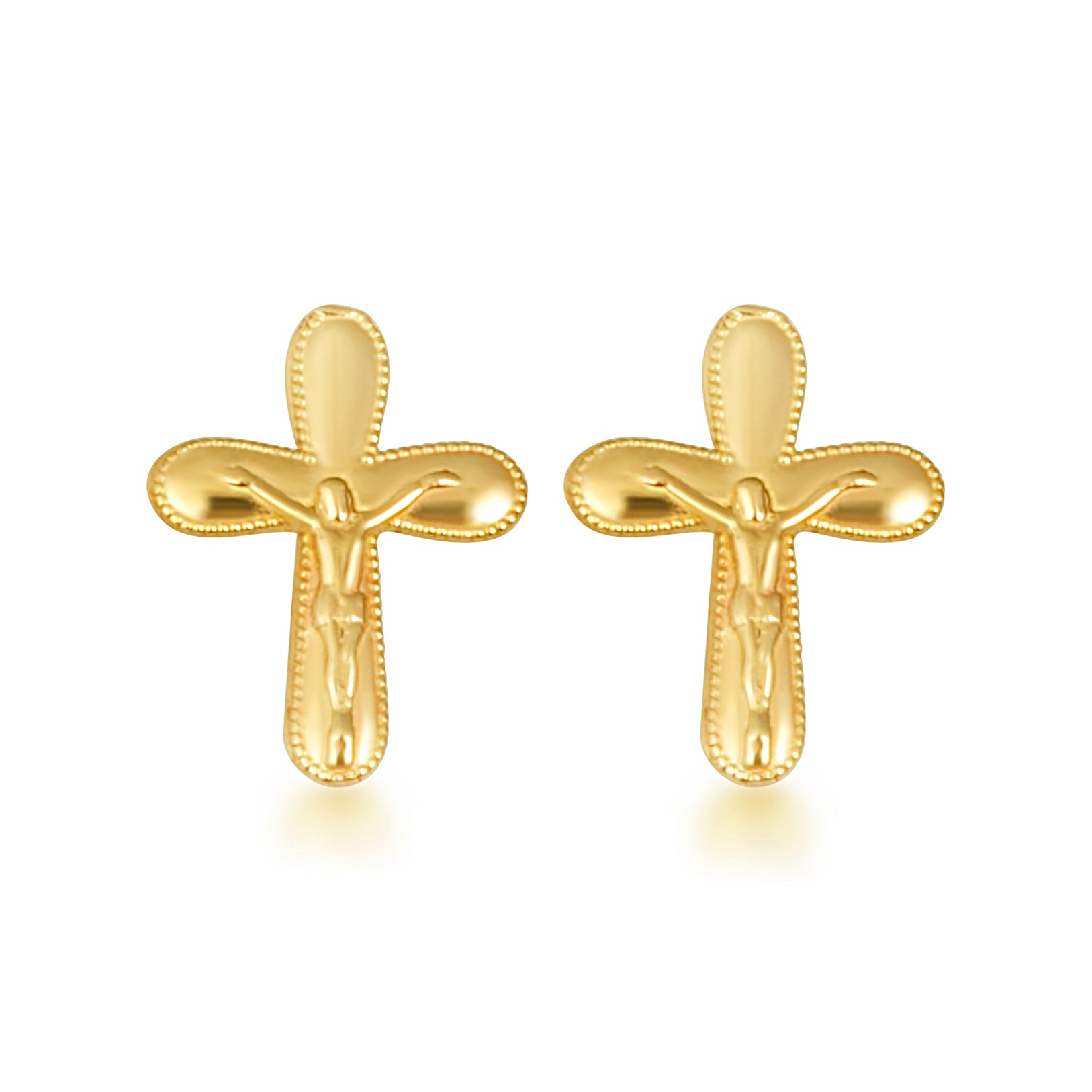 Yellow Gold Cross Crucifix Jesus Christ Milgrain Stud Earrings, view 4