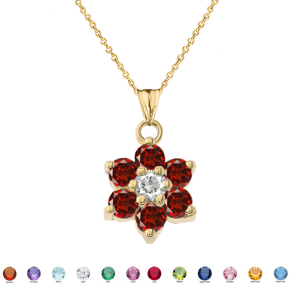 Yellow Gold Custom Birthstone Flower Pendant Necklace