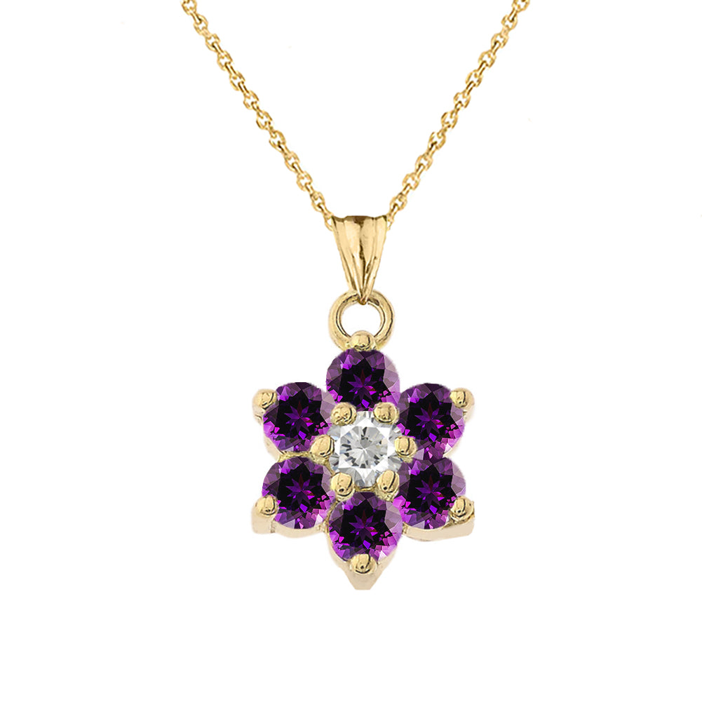 Yellow Gold Custom Birthstone Flower Pendant Necklace, view 4