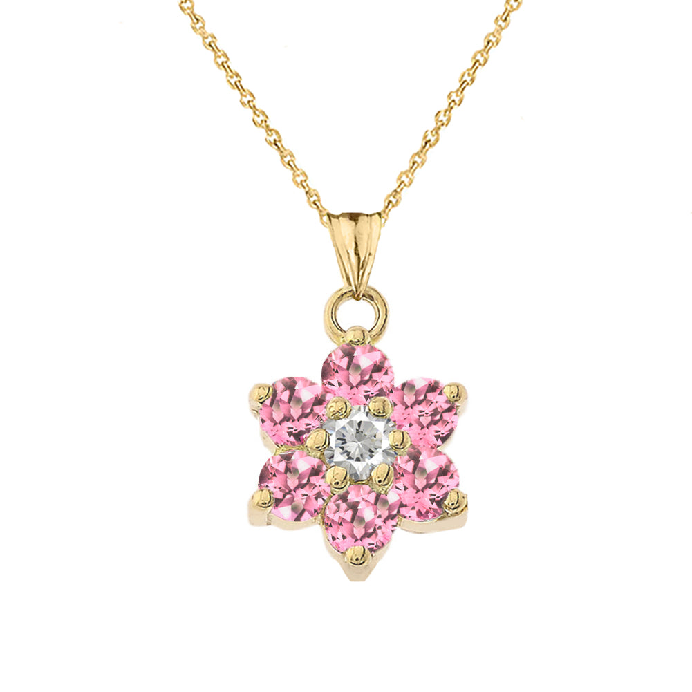 Yellow Gold Custom Birthstone Flower Pendant Necklace, view 12
