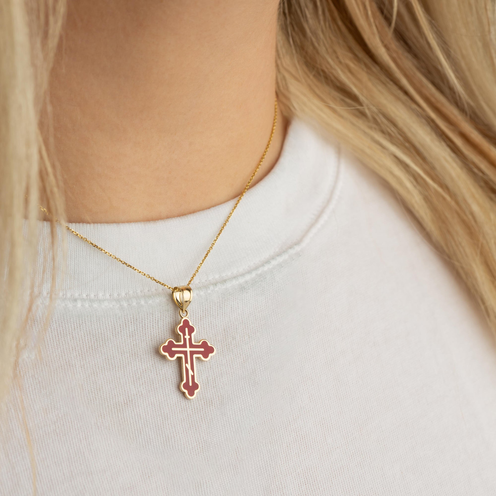 Yellow Gold Custom Enamel Russian Orthodox Cross Pendant Necklace, view 2