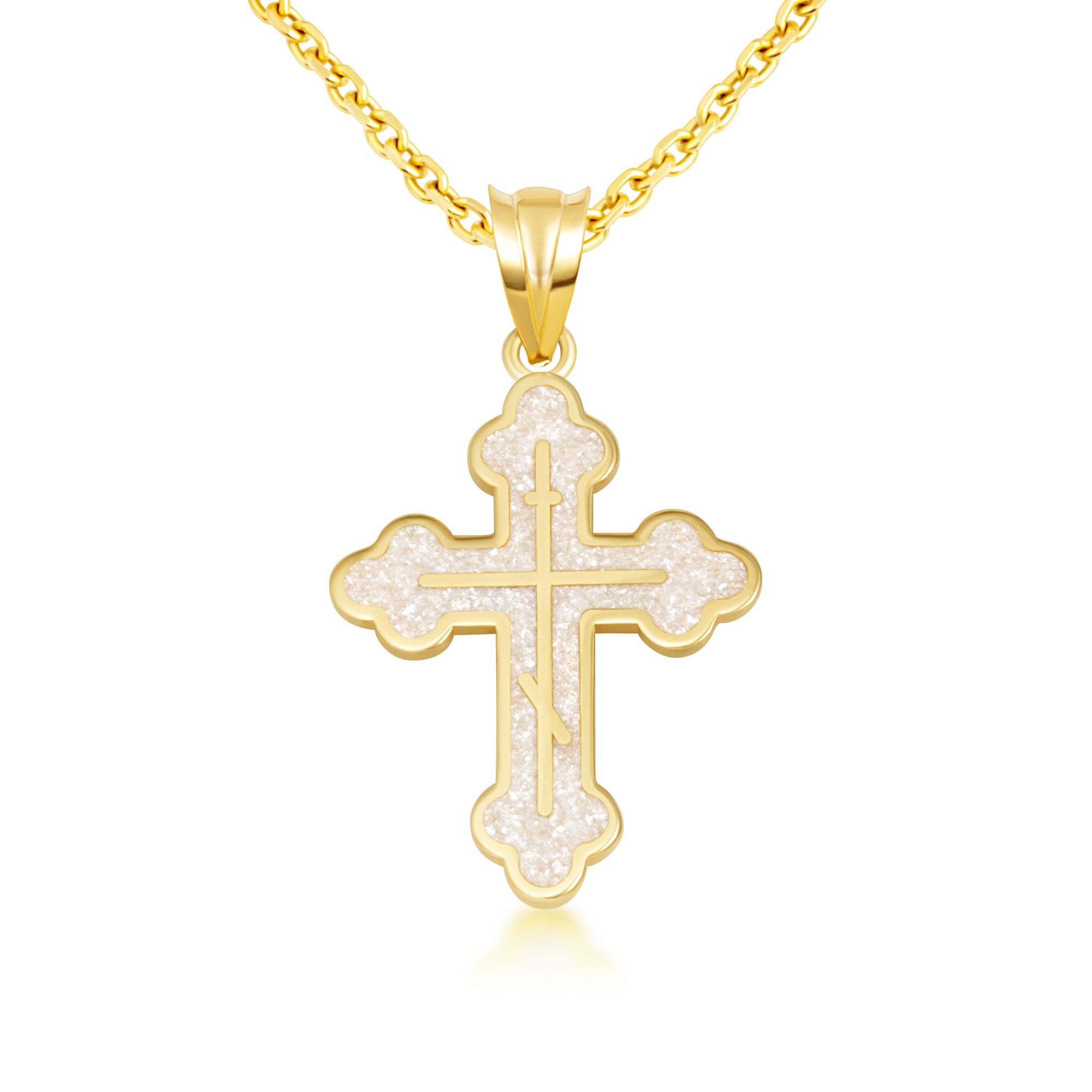 Yellow Gold Custom Enamel Russian Orthodox Cross Pendant Necklace, view 4