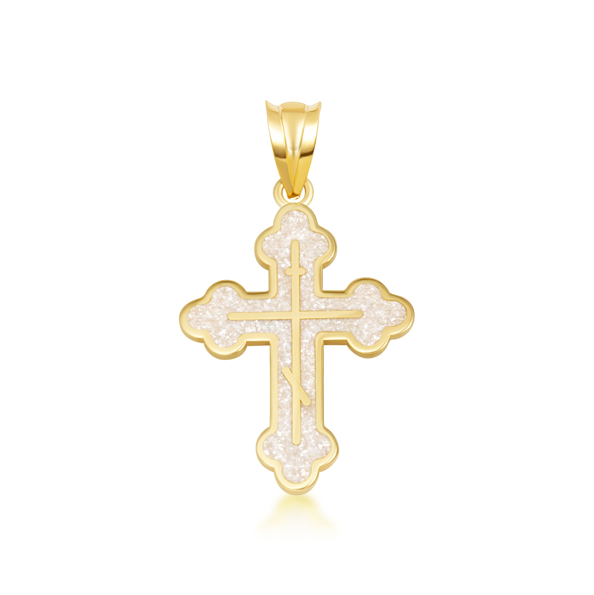 Yellow Gold Custom Enamel Russian Orthodox Cross Pendant Necklace, view 5