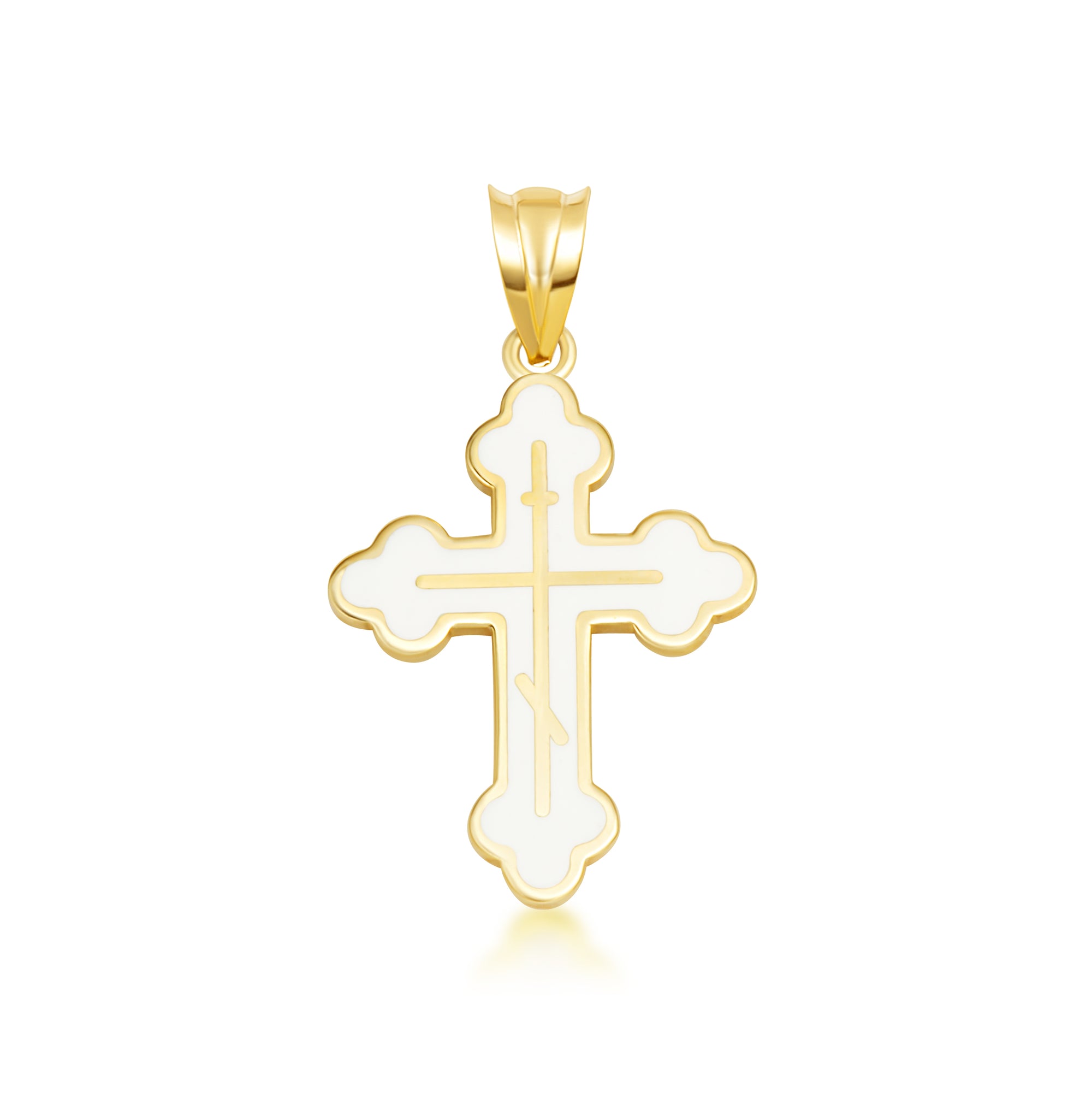 Yellow Gold Custom Enamel Russian Orthodox Cross Pendant Necklace, view 6