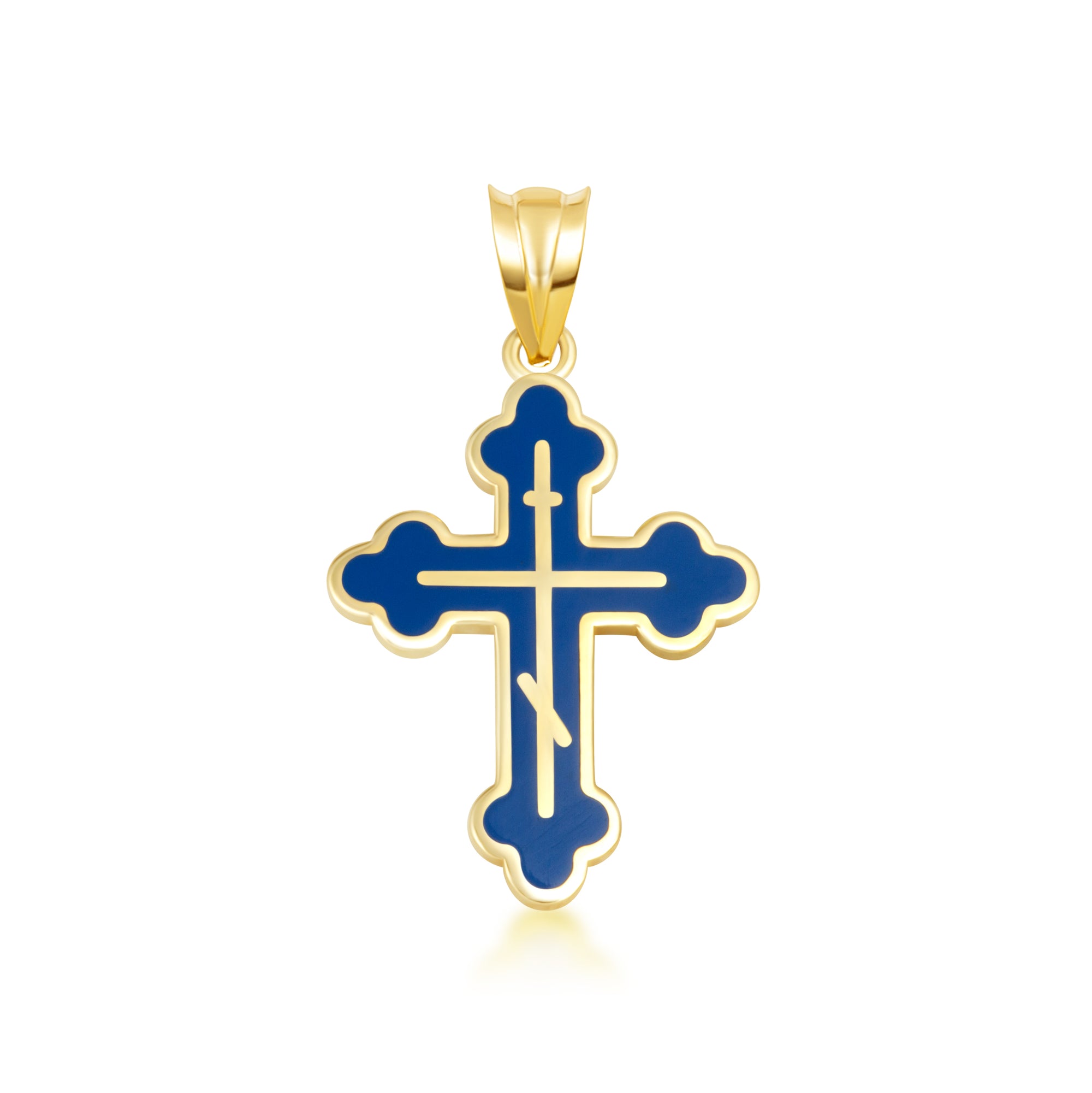 Yellow Gold Custom Enamel Russian Orthodox Cross Pendant Necklace, view 10