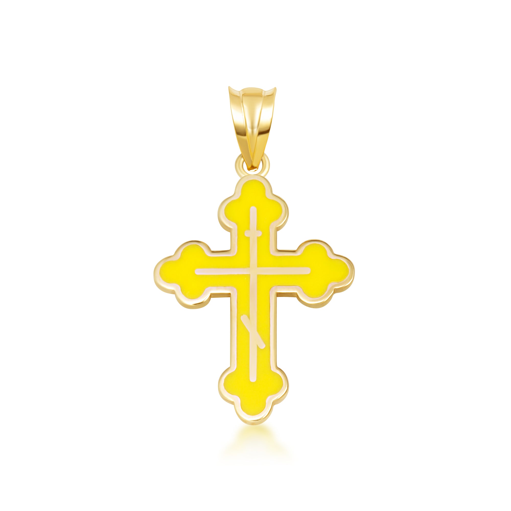 Yellow Gold Custom Enamel Russian Orthodox Cross Pendant Necklace, view 12