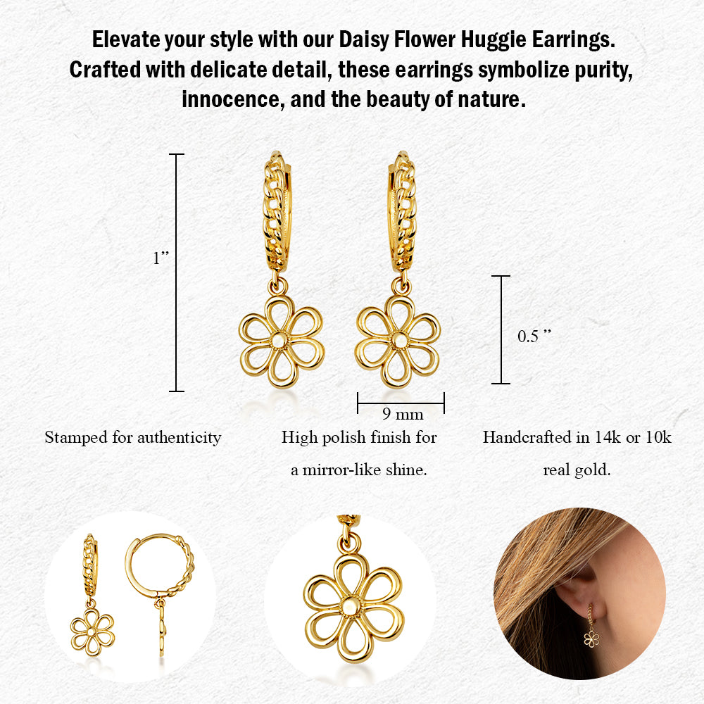 Yellow Gold Daisy Flower Cuban Link Huggie Hoop Earrings, view 3