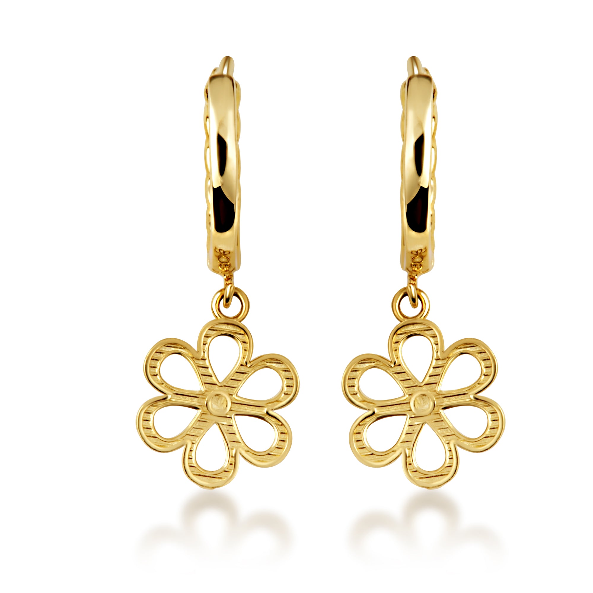 Yellow Gold Daisy Flower Cuban Link Huggie Hoop Earrings, view 4