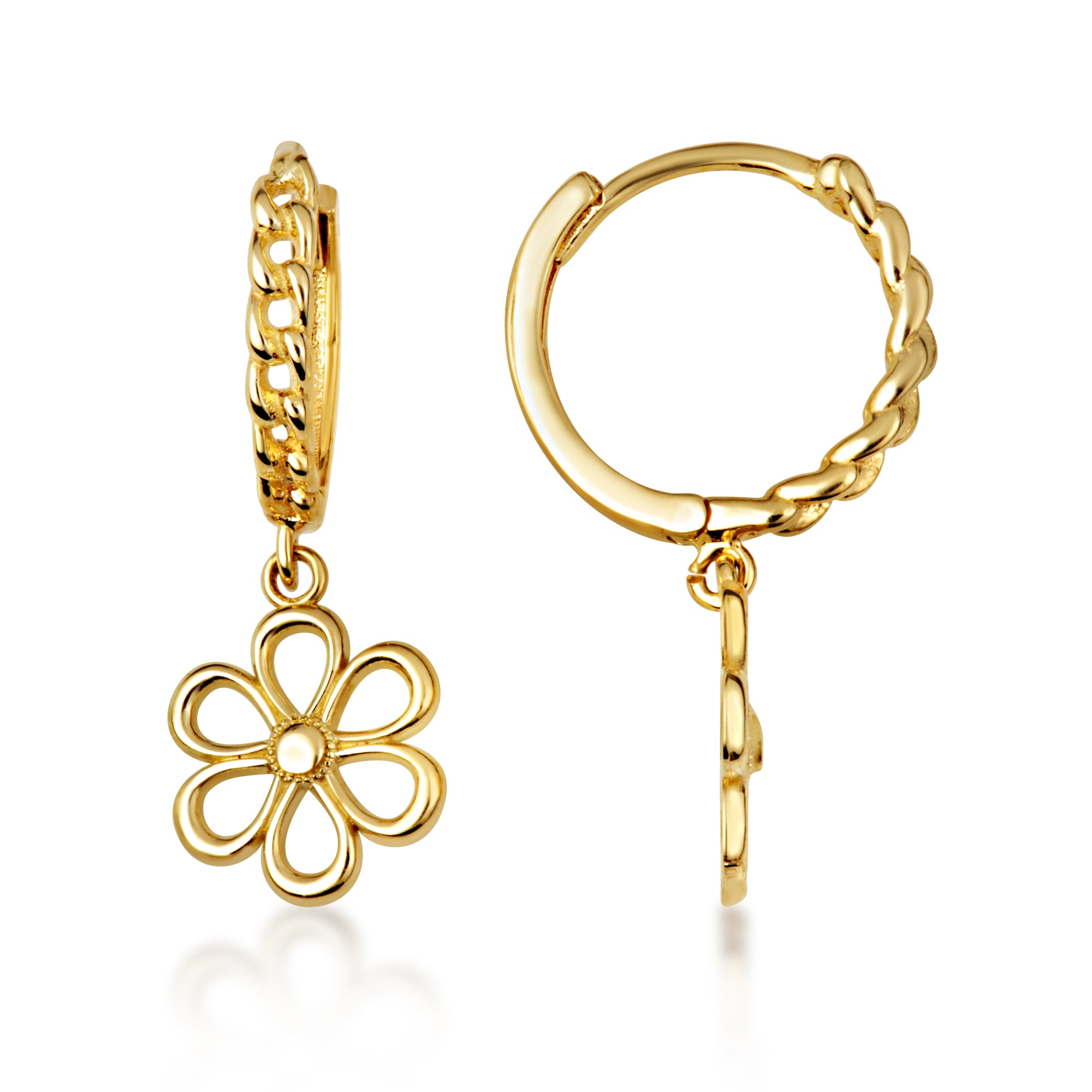 Yellow Gold Daisy Flower Cuban Link Huggie Hoop Earrings, view 5