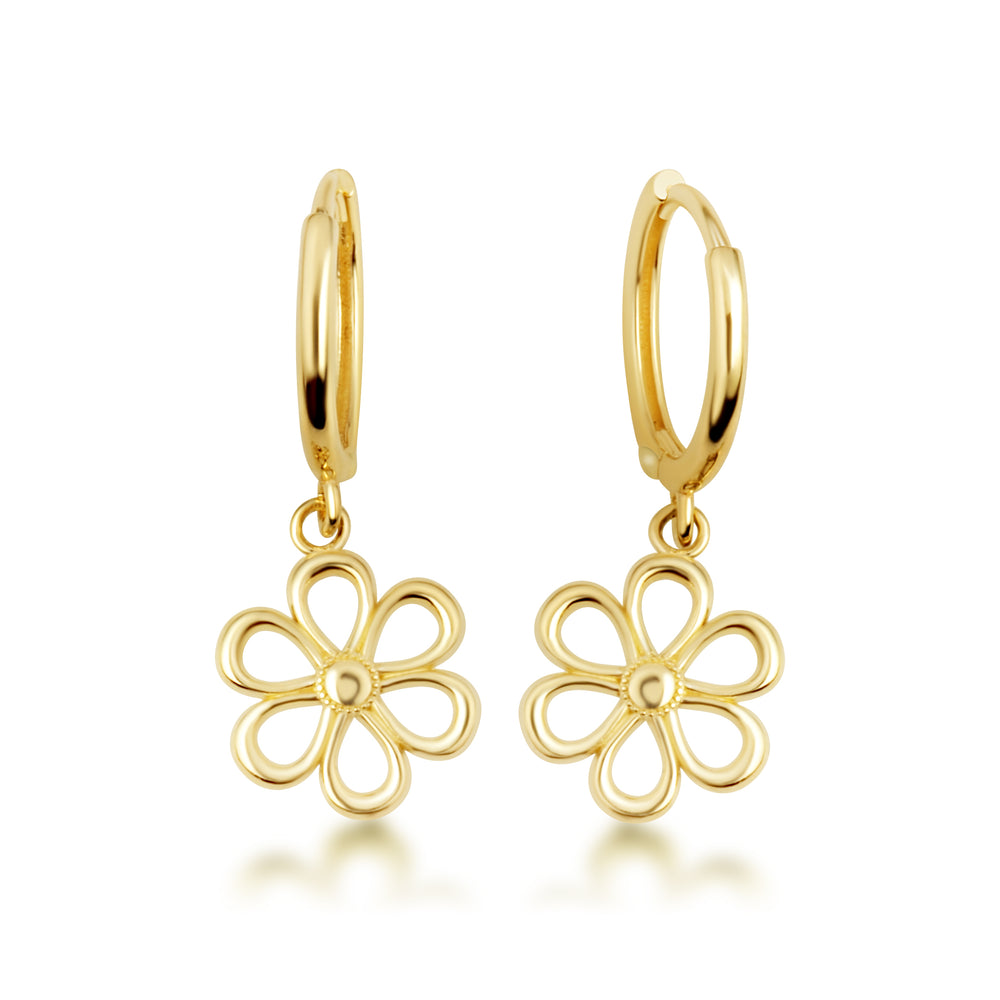 Yellow Gold Daisy Flower Drop Huggie Hoop Earrings