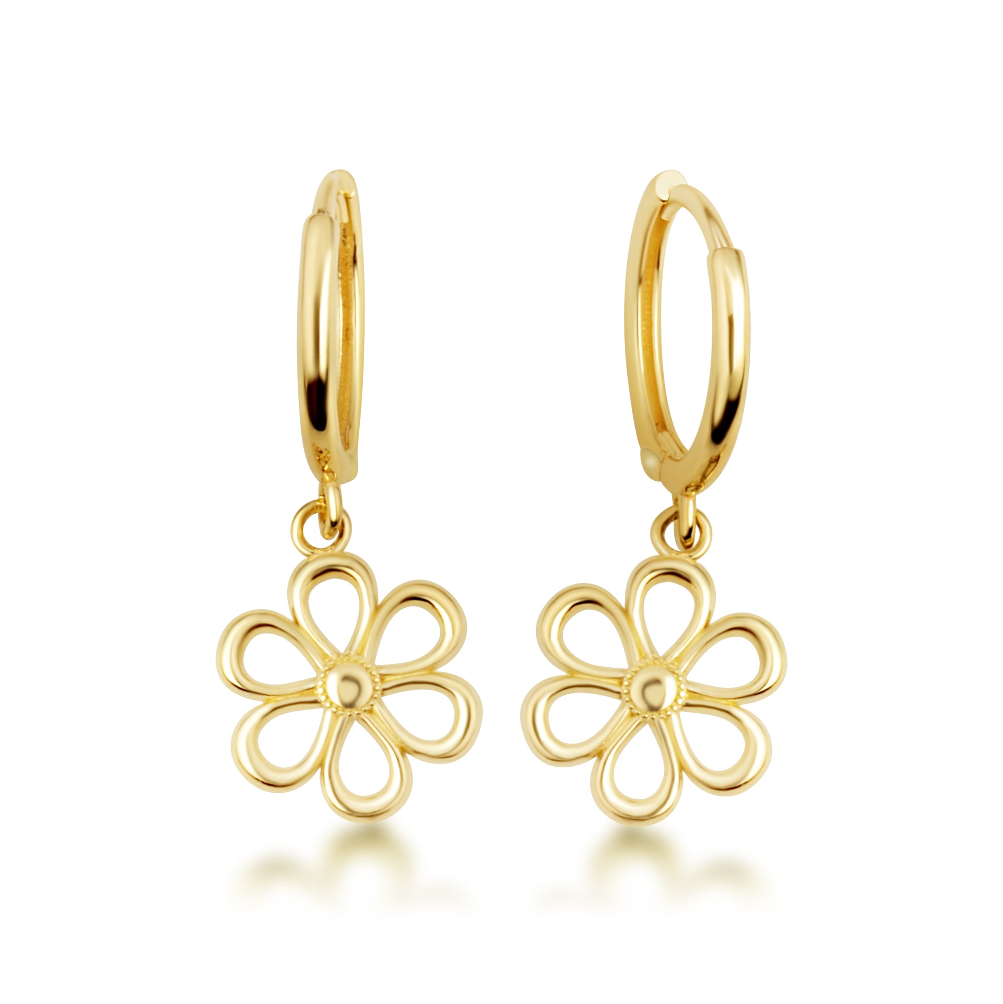 Yellow Gold Daisy Flower Drop Huggie Hoop Earrings