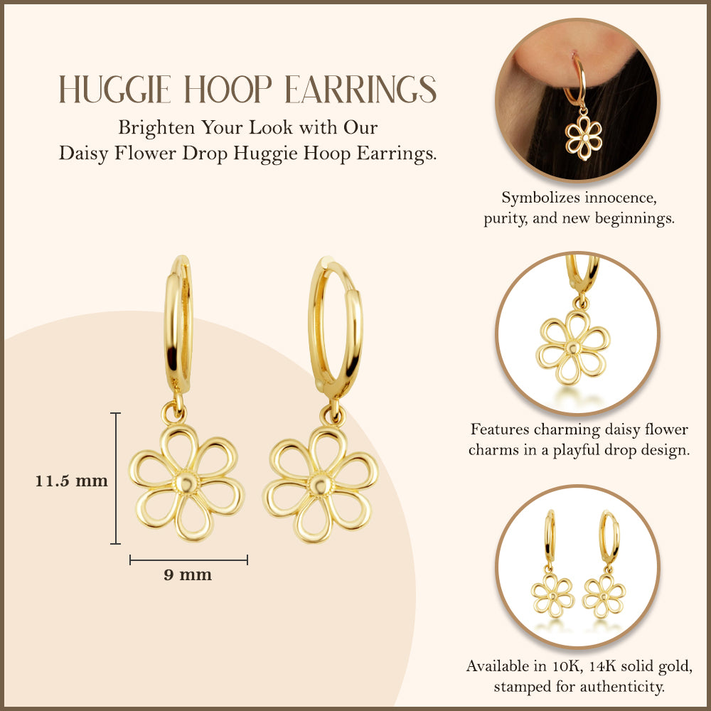 Yellow Gold Daisy Flower Drop Huggie Hoop Earrings, view 3