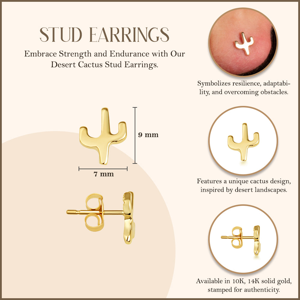 Yellow Gold Desert Cactus Stud Earrings, view 3