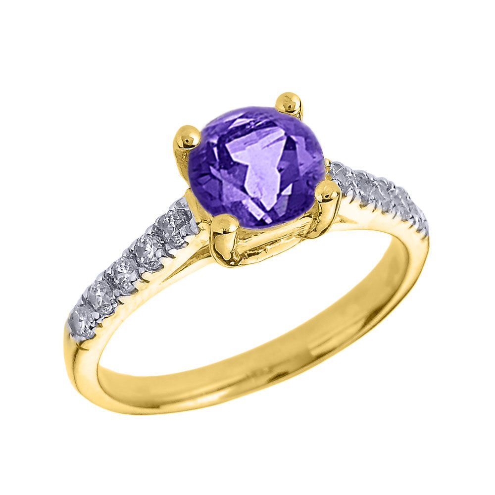 Yellow Gold Diamond and Amethyst Solitaire Engagement Ring