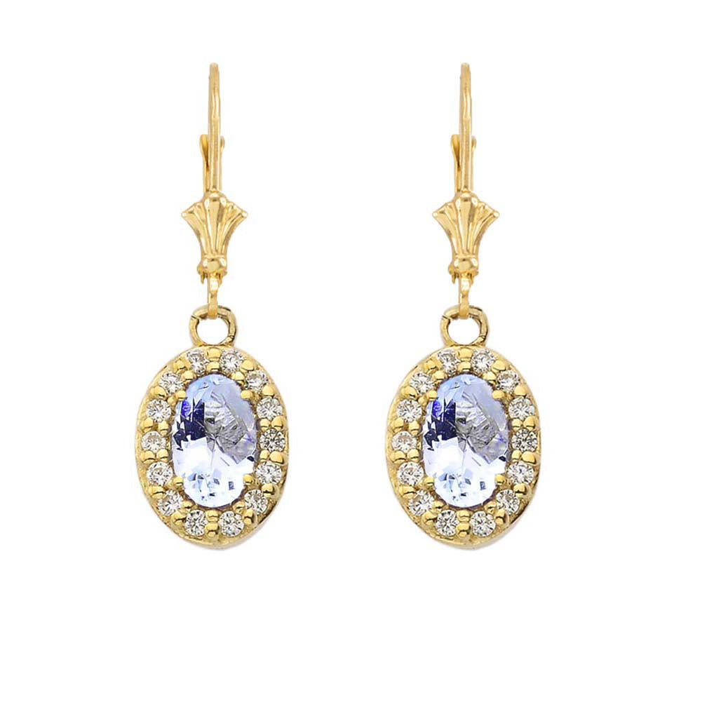 Yellow Gold Diamond and Genuine Gemstones Oval Leverback Earrings