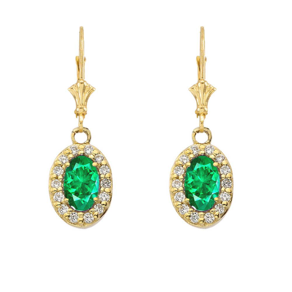Yellow Gold Diamond and Genuine Gemstones Oval Leverback Earrings, view 4