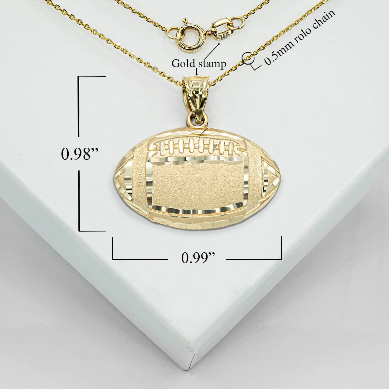 Yellow Gold Diamond Cut American Football Sports Pendant Necklace, view 3