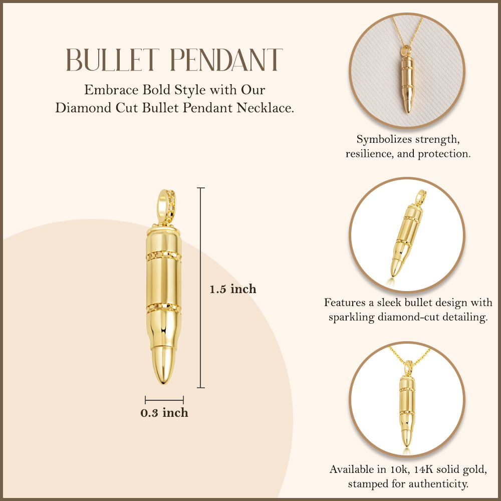 Yellow Gold Diamond Cut Bullet Pendant Necklace, view 4
