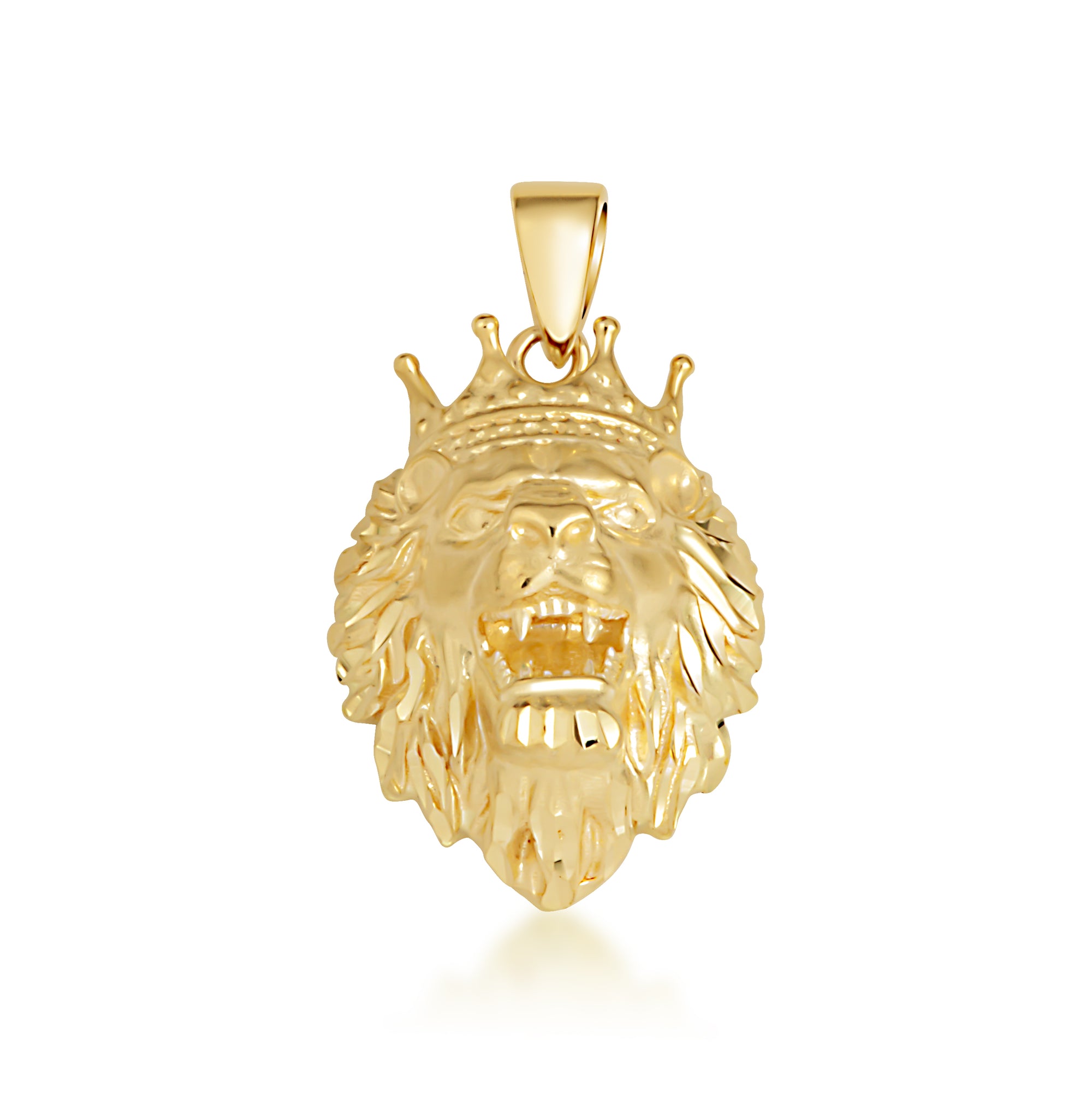 Yellow Gold Diamond Cut King Lion Crown Pendant Necklace
