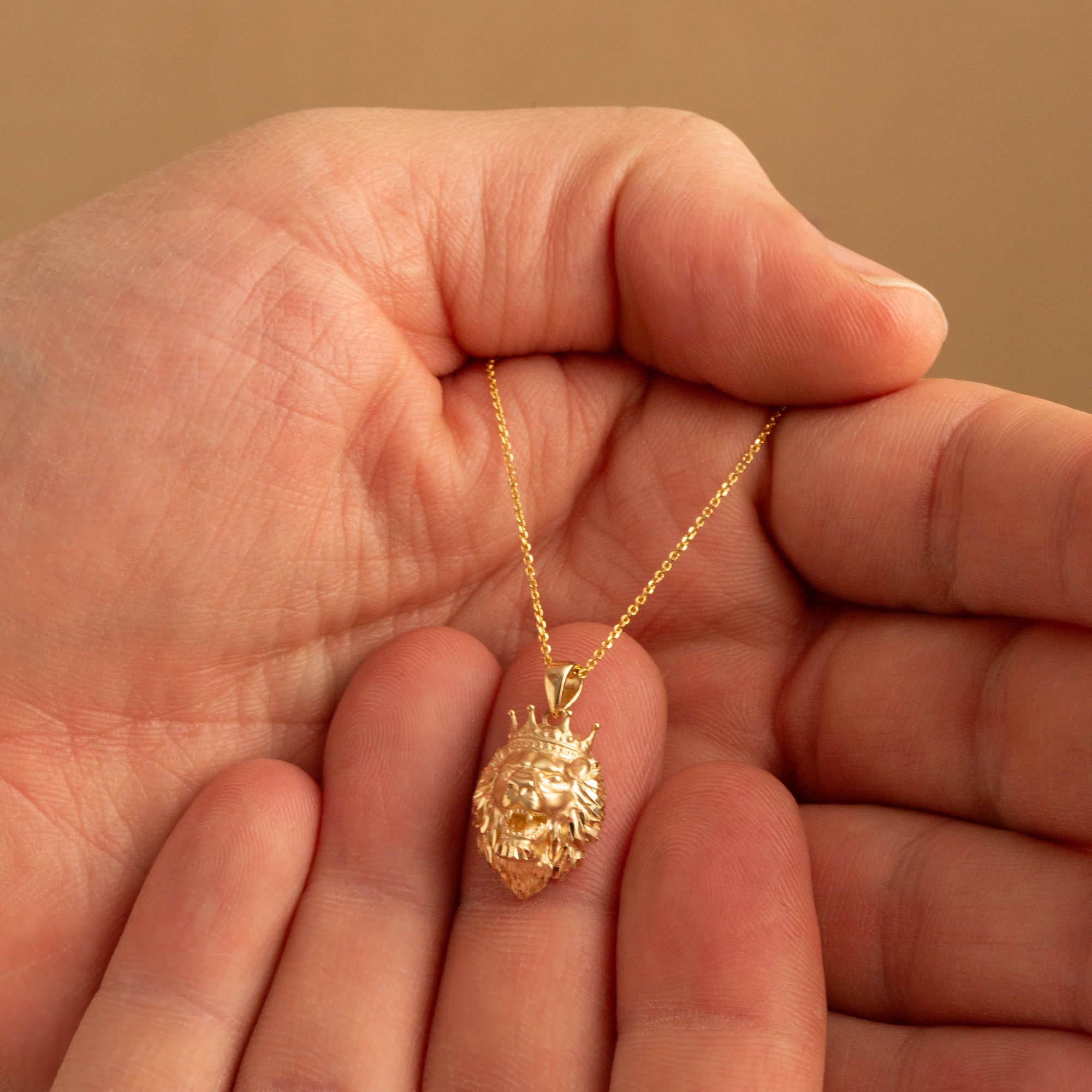 Yellow Gold Diamond Cut King Lion Crown Pendant Necklace, view 3