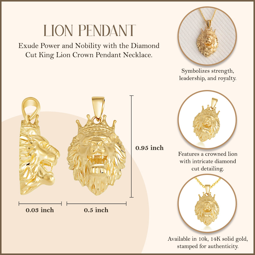 Yellow Gold Diamond Cut King Lion Crown Pendant Necklace, view 4