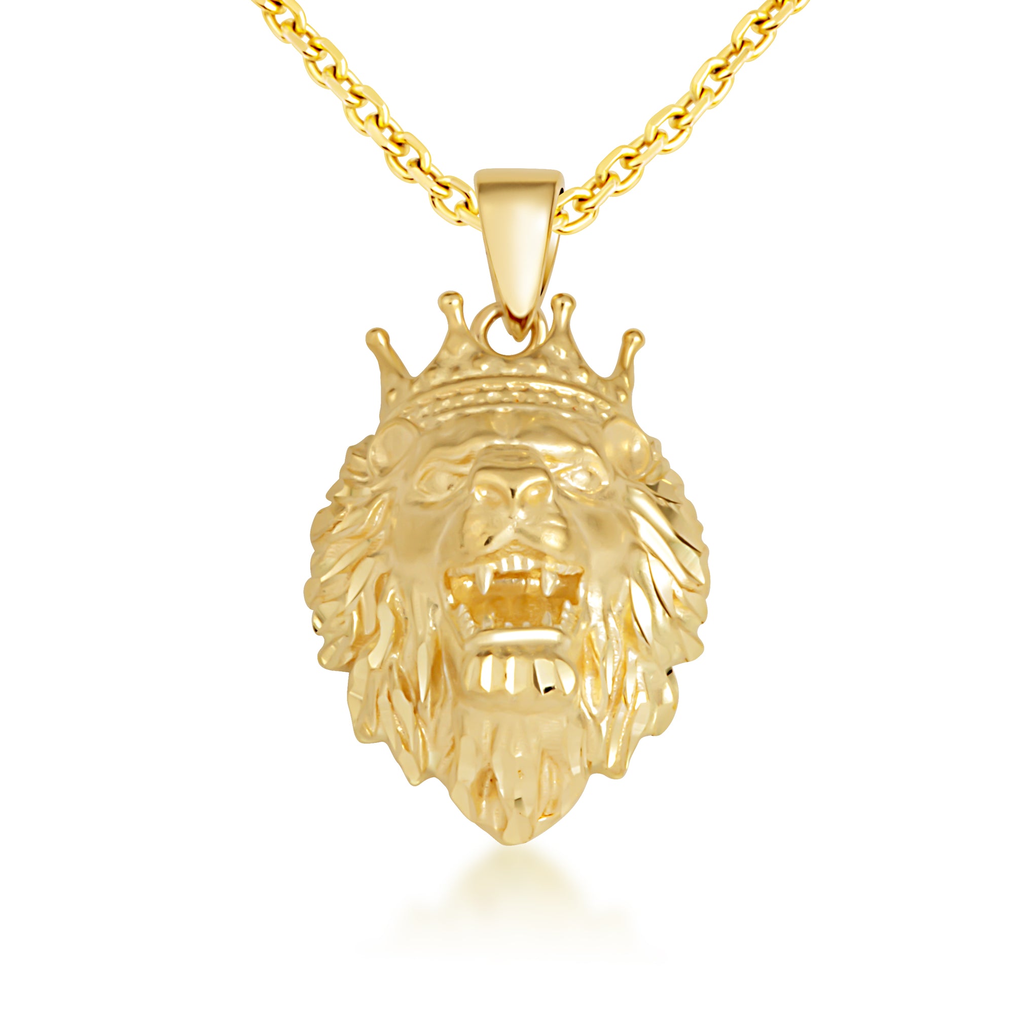 Yellow Gold Diamond Cut King Lion Crown Pendant Necklace, view 7