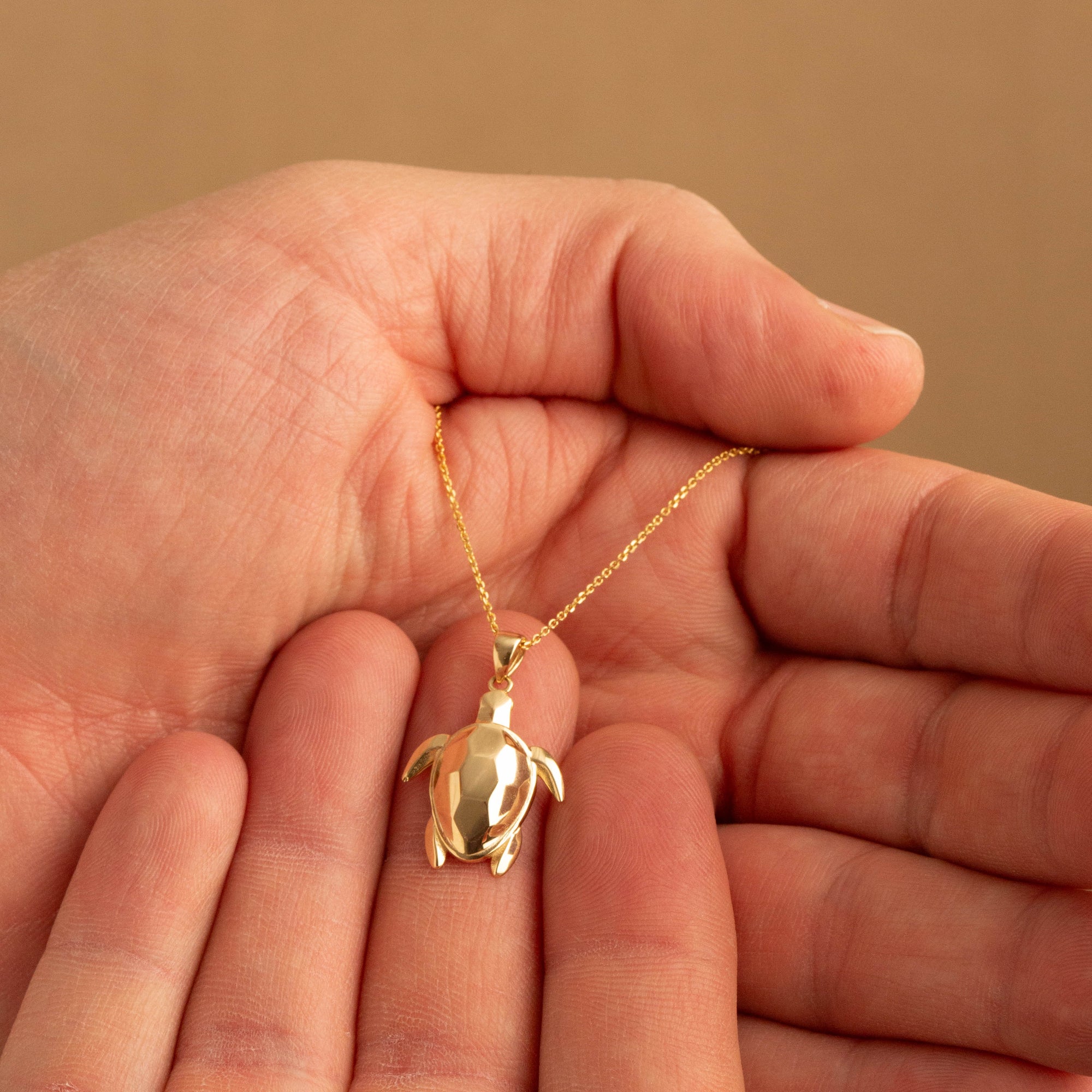 Yellow Gold Diamond Cut Sea Turtle Pendant Necklace, view 3