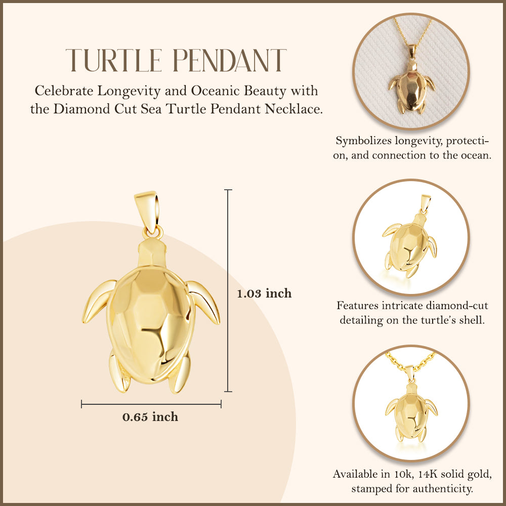 Yellow Gold Diamond Cut Sea Turtle Pendant Necklace, view 4