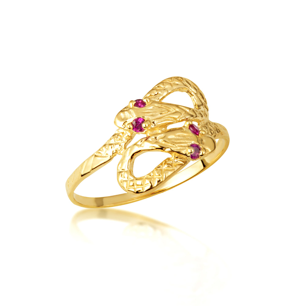 Yellow Gold Diamond Cut Snake Ruby Birthstone Textured Ring