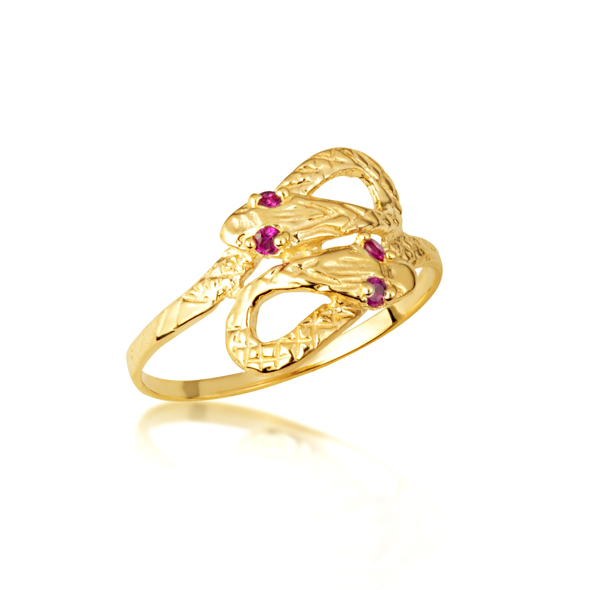 Yellow Gold Diamond Cut Snake Ruby Birthstone Textured Ring