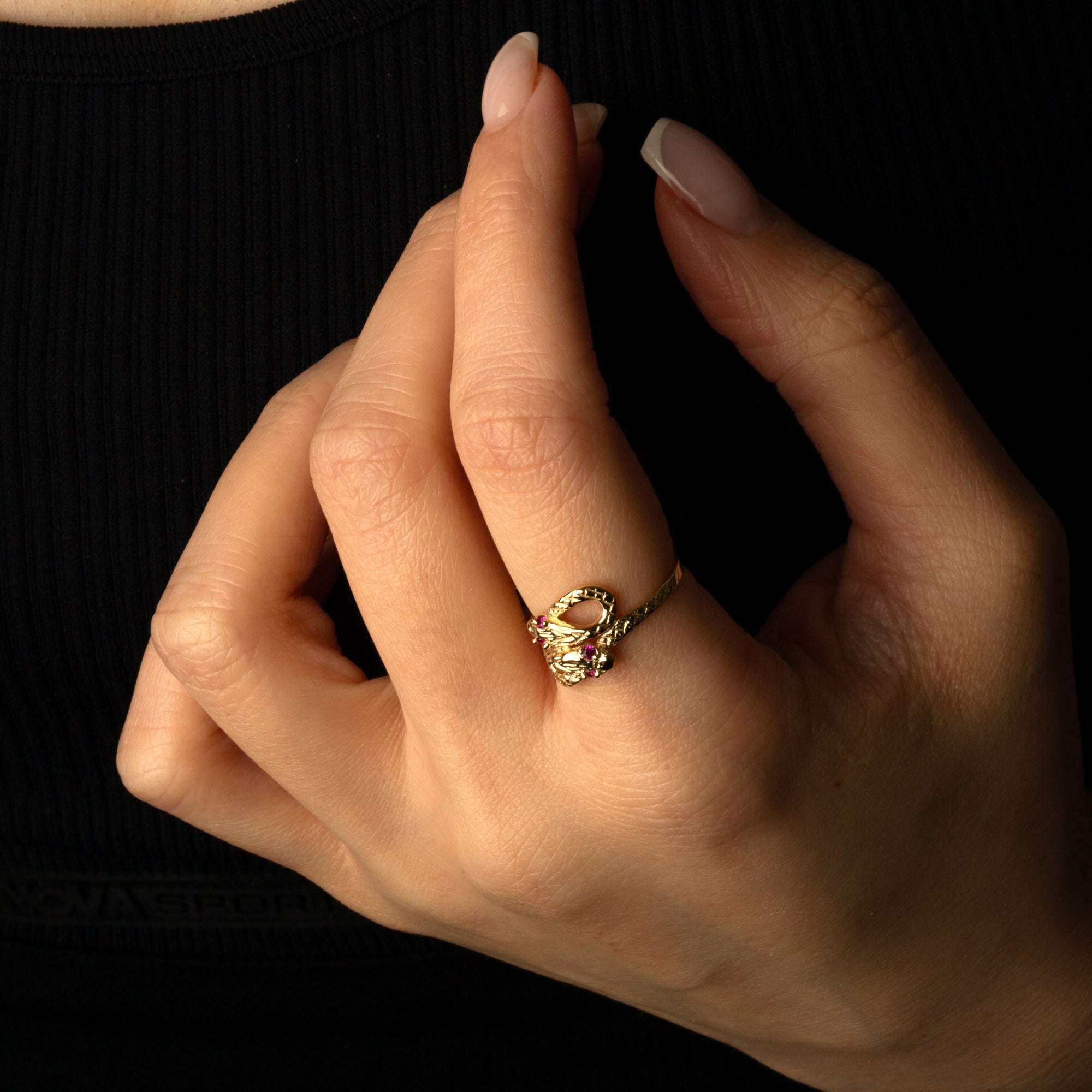 Yellow Gold Diamond Cut Snake Ruby Birthstone Textured Ring, view 2