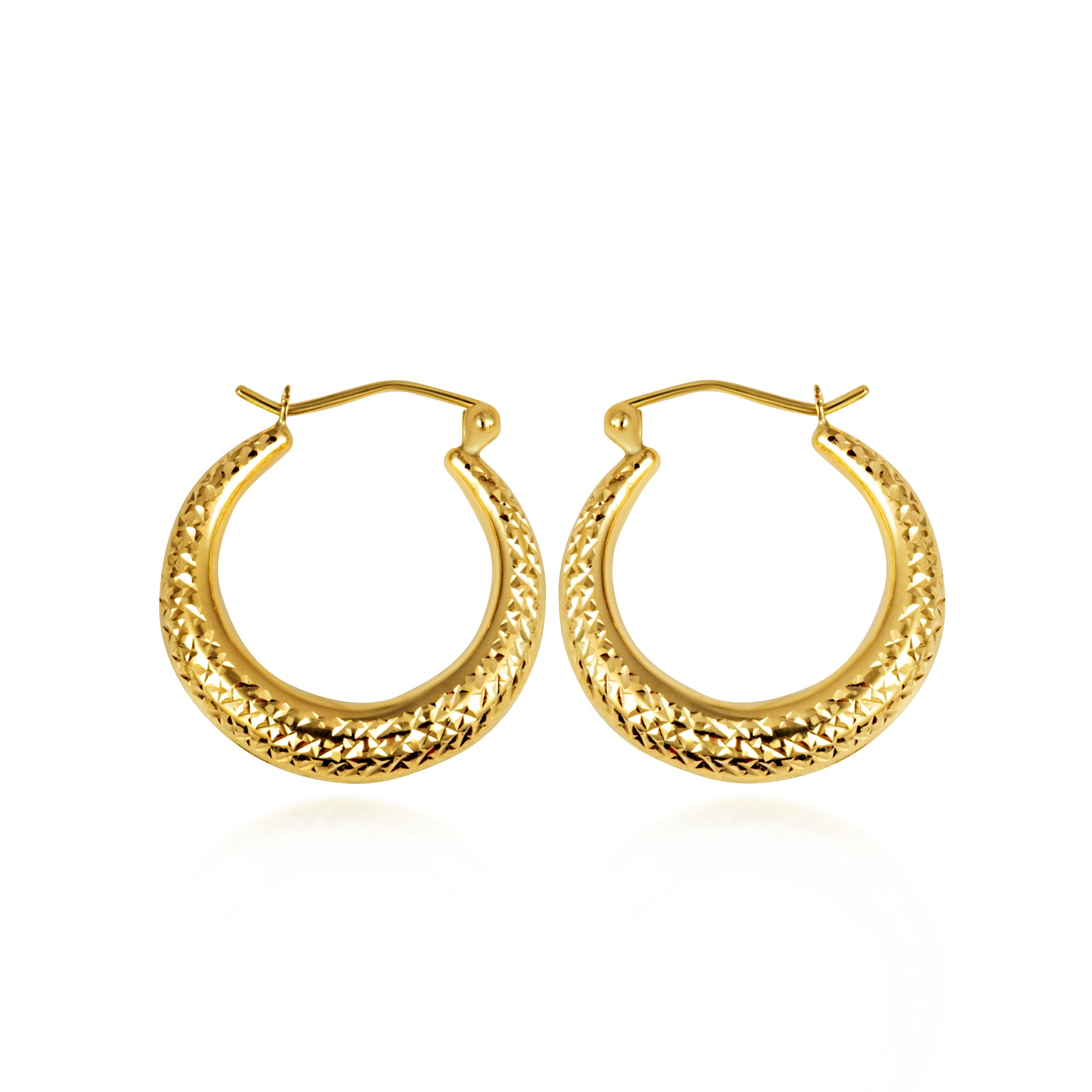 Yellow Gold Diamond Cut Textured Hoop Earrings