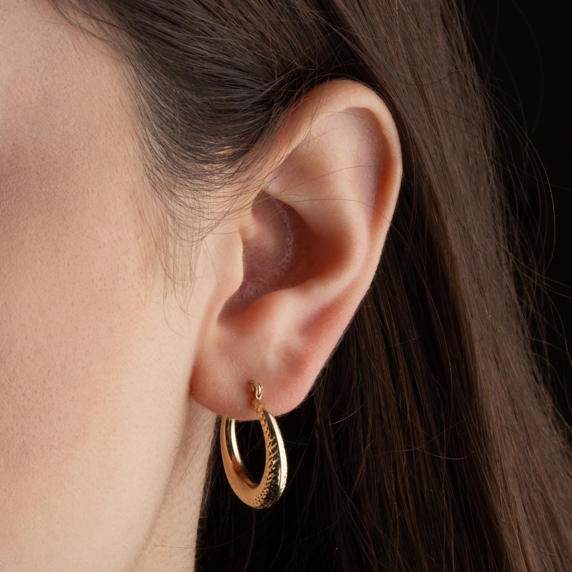 Yellow Gold Diamond Cut Textured Hoop Earrings, view 2