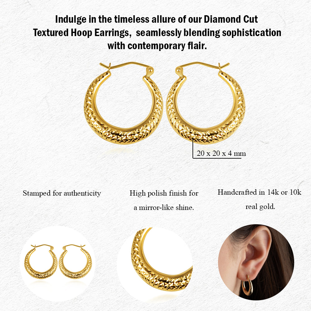 Yellow Gold Diamond Cut Textured Hoop Earrings, view 3