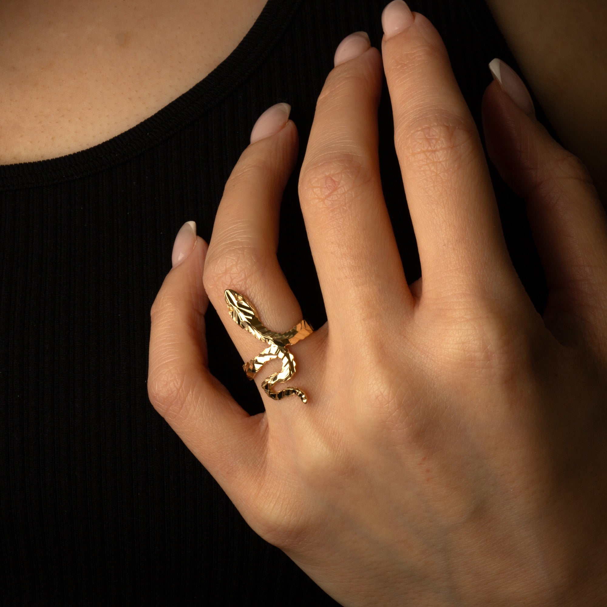 Yellow Gold Diamond Cut Textured Serpent Snake Ring, view 2
