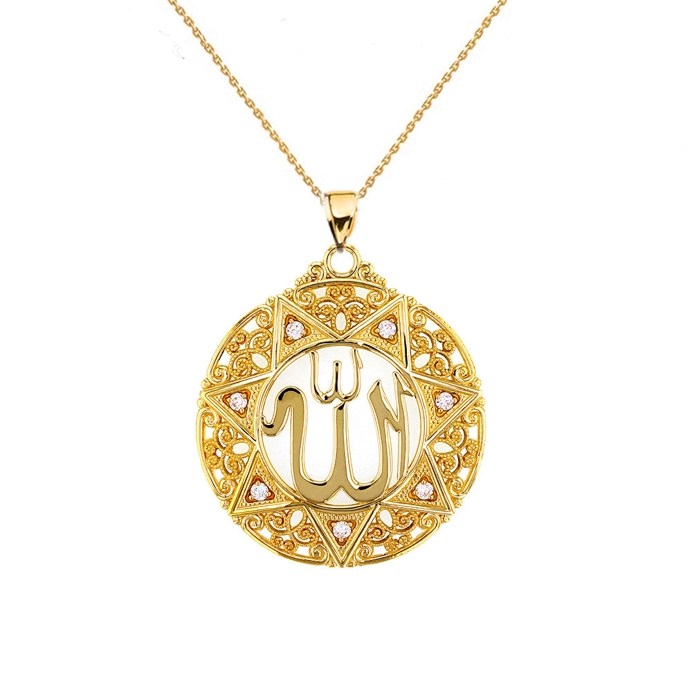 Yellow Gold Diamond Filigree Round Allah Pendant Necklace (1.5")