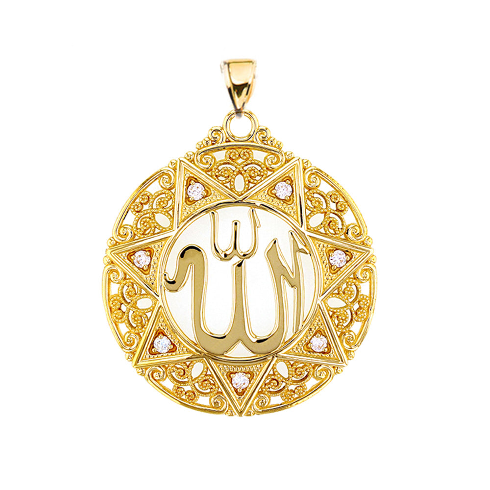 Yellow Gold Diamond Filigree Round Allah Pendant Necklace (1.5"), view 2