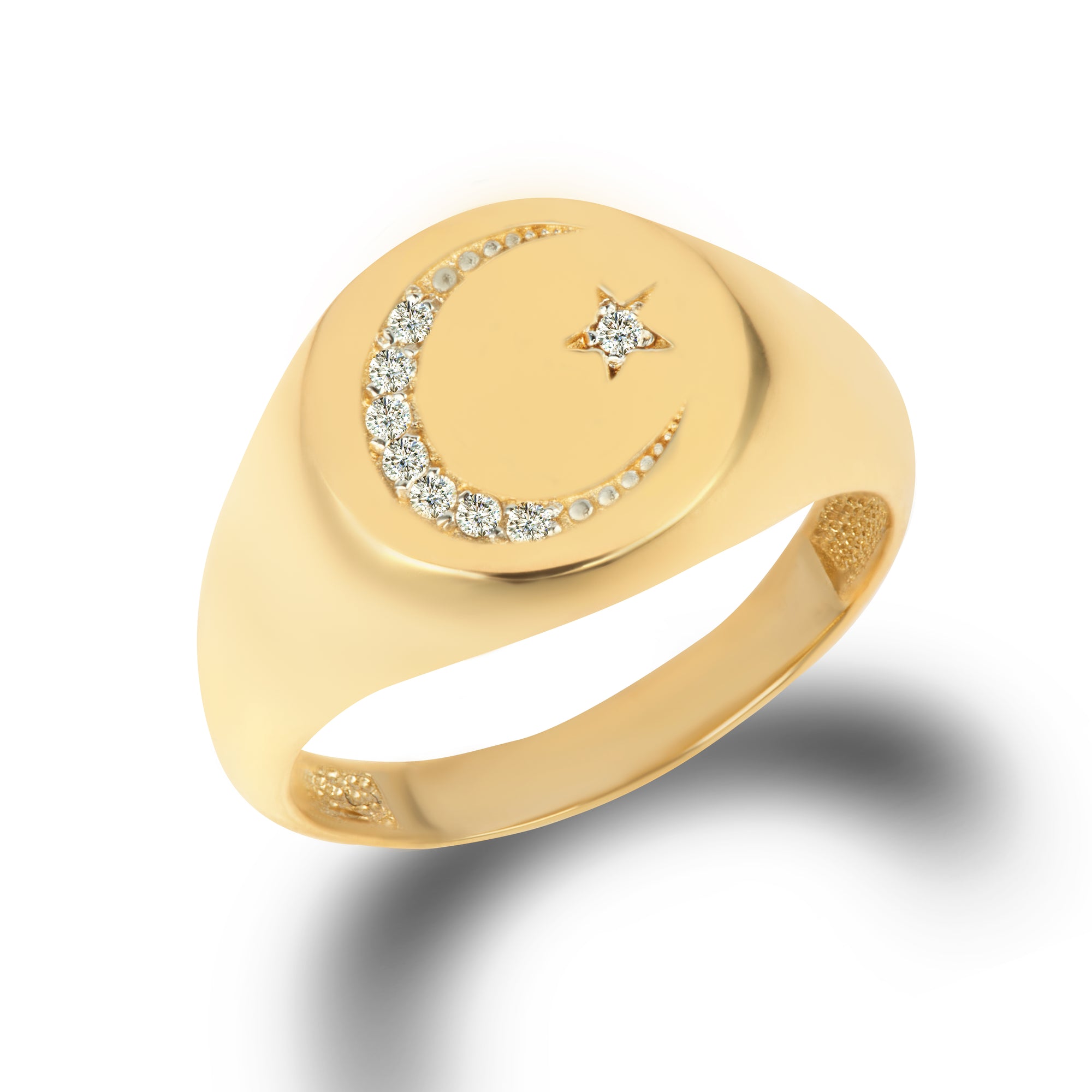 Yellow Gold Diamond Islam Crescent Moon & Star Signet Ring