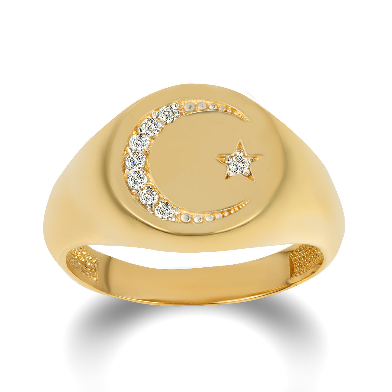 Yellow Gold Diamond Islam Crescent Moon & Star Signet Ring, view 4