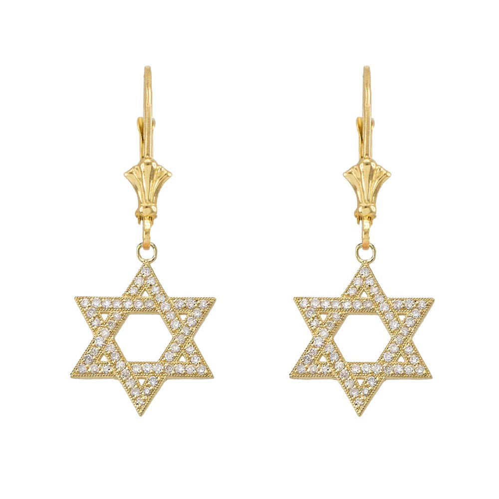 Yellow Gold Diamond Jewish Star Of David Earrings